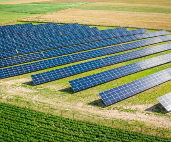 Solar panels on field in summer, aerial view of Poland, Europe